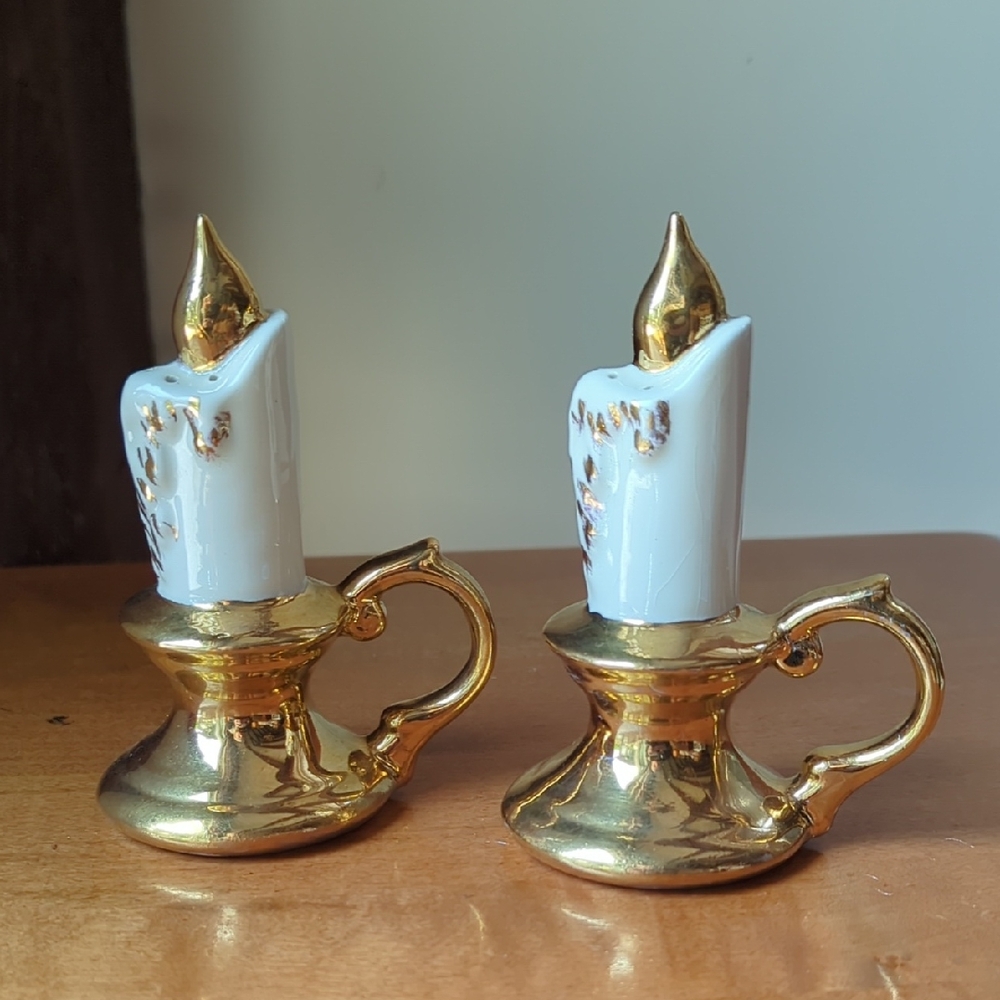 Dixon Ceramic Gold And White Vintage Candle Salt An Pepper Shakers